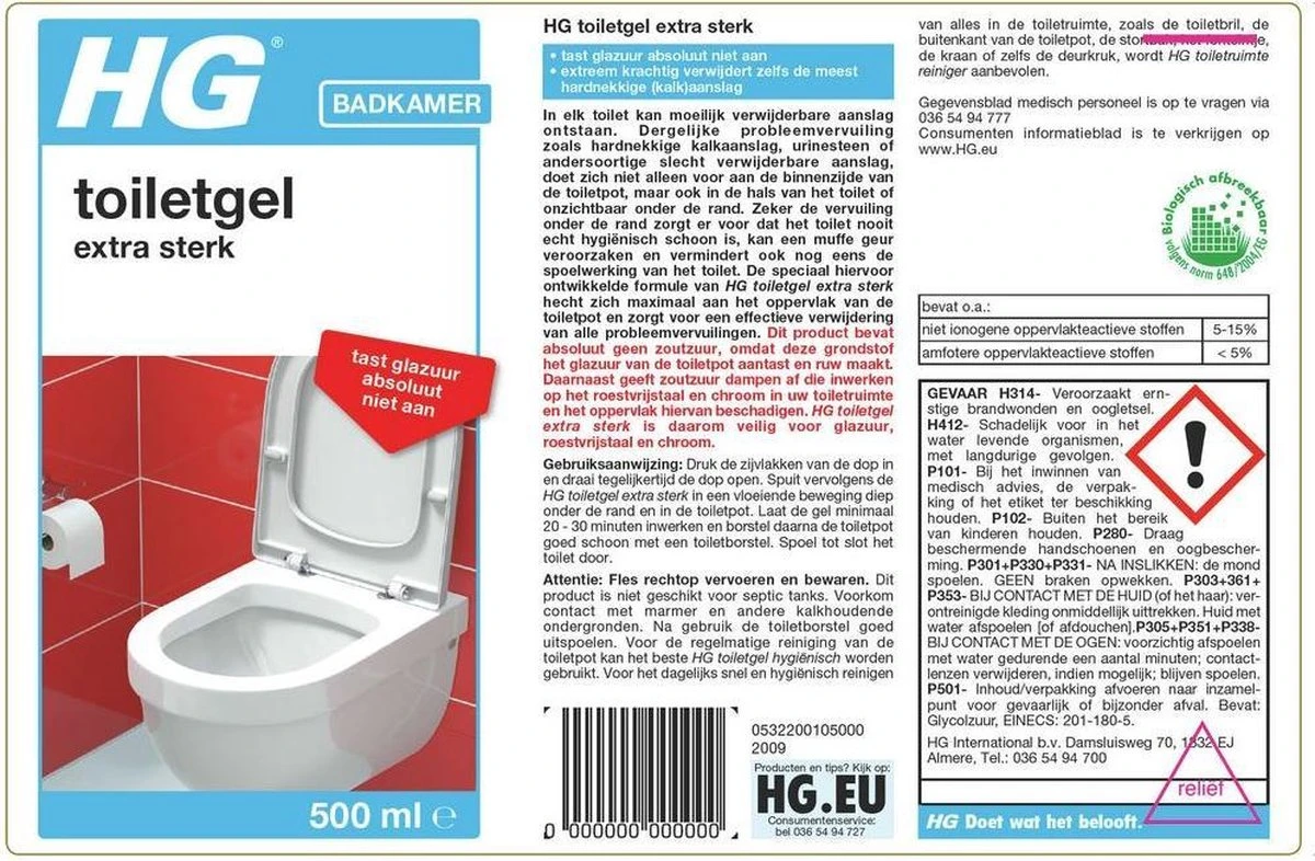 HG Toiletgel Extra Sterk - 500ml - Verwijdert De Hardnekkigste Aanslag - Tast Niet Glazuur, Roestvrijstaal En Chroom Niet Aan - Biologisch Afbreekbaar - Afbeelding 2